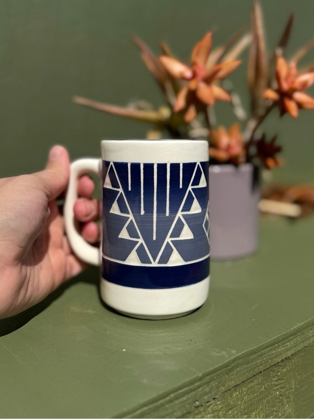 Cream Ceramic Mug with Navy Geometric Band